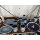 Wedgwood blue jasper ware, tankards, plates, etc. (15 pieces)