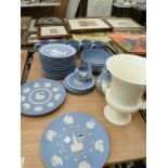 Large collection of Wedgwood blue Jasper ware, plaques, tankards, fruit bowl, Wedgwood white