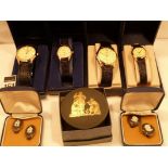 4 ladies and gents Sekonda wrist watches, 2 prs of black Jasper ware clip on earrings, miniature