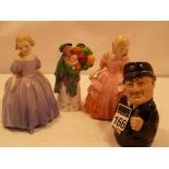 2 small Royal Doulton figures Rose and Marie, small Royal Doulton character jug Sergeant Peeler &