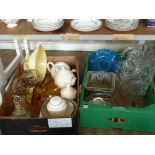 assorted pressed glass fruit bowls, dishes, teapots, Carlton ware decorated leaf dish, etc.