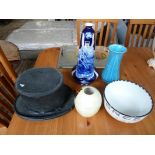 Vintage top hat, St. George decorated vase, flow blue vase & fairy story bowl, etc.