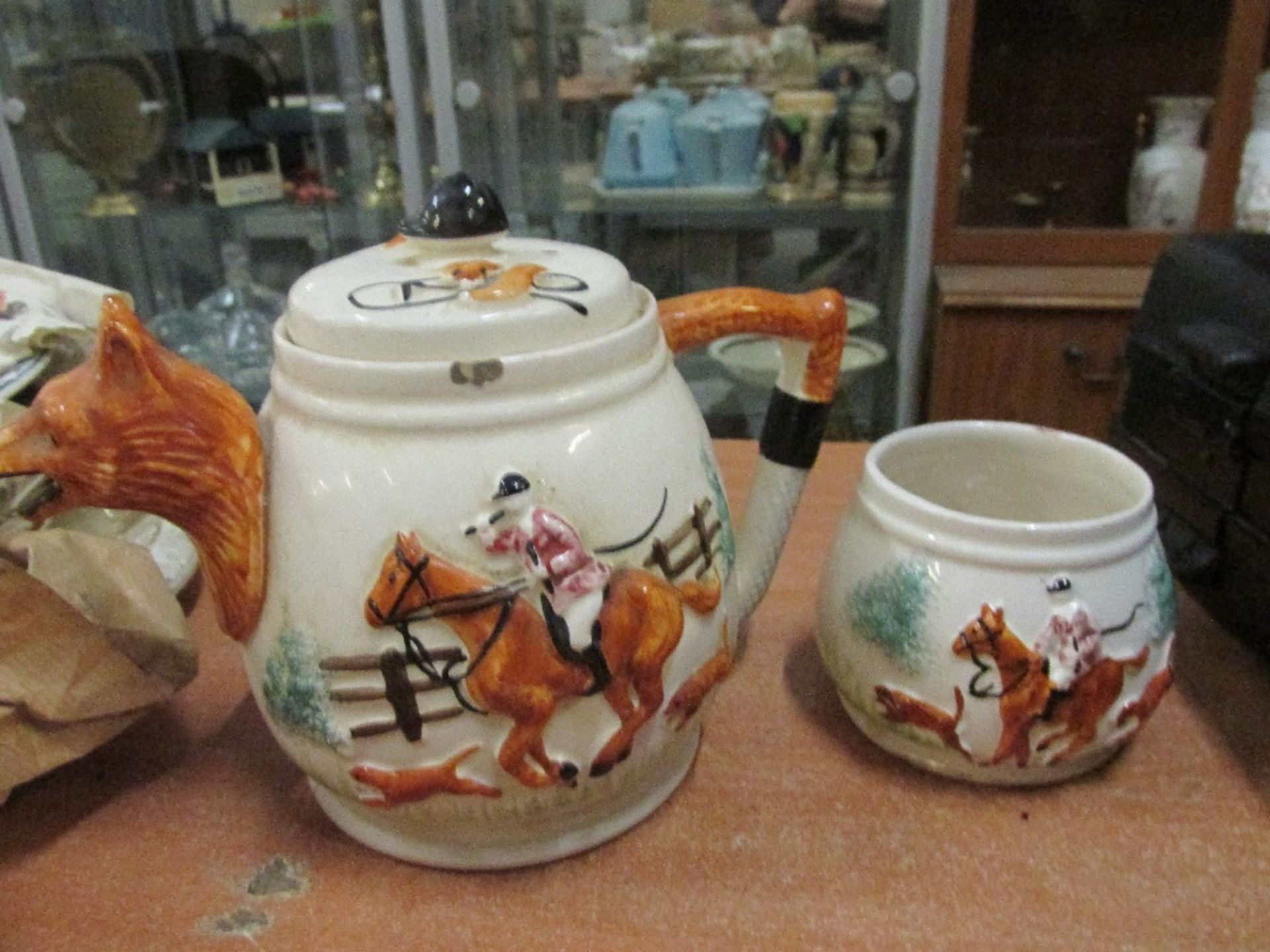 English Made Tea Pot and Sugar Bowl Depicting a Hunting Scene