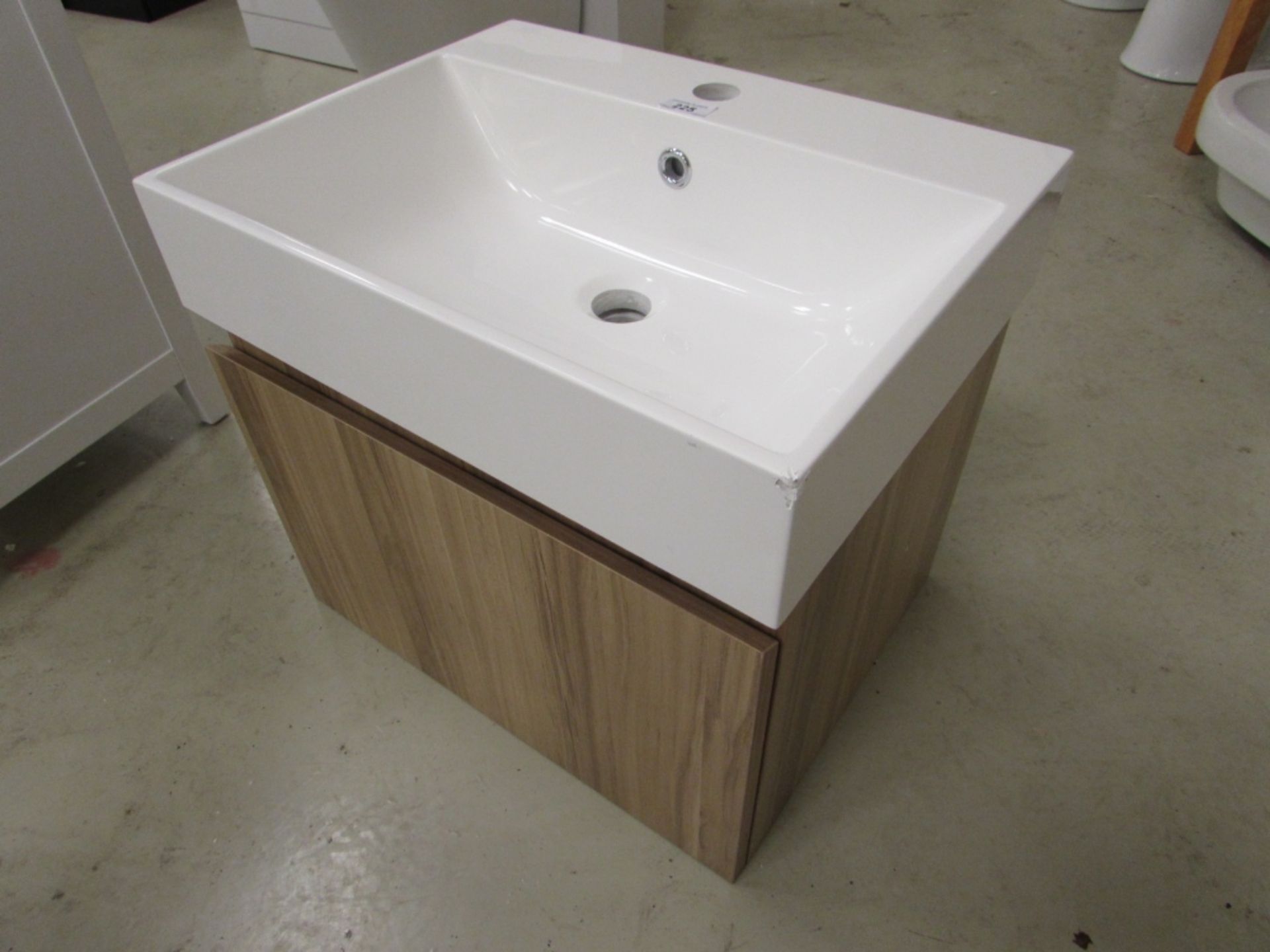 Compact 500mmwide wall hung vanity unit with resin basin and soft close draw in light oak finish - Image 2 of 3