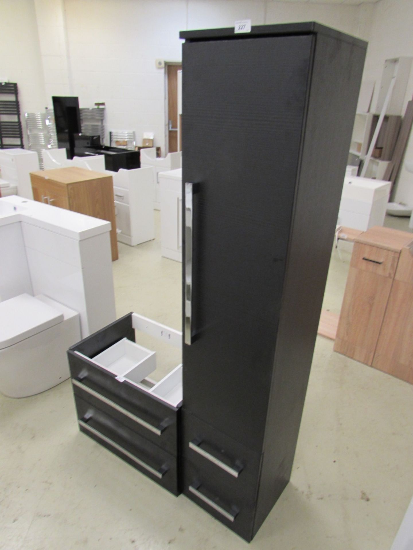 600mm wall hung vanity / storage unit with twin soft close draws in ash black with matching tall