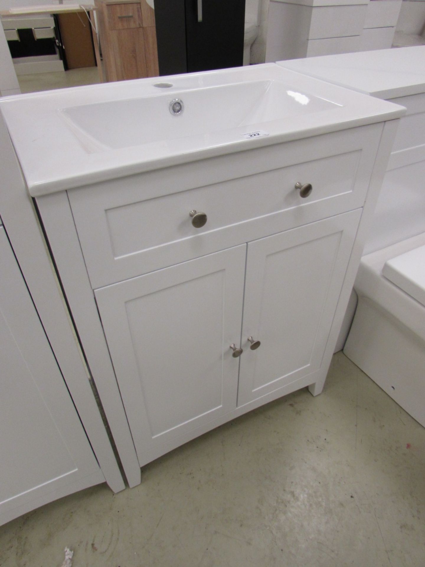 600mm wide gloss white French style vanity unit with ceramic slimline basin & soft close doors, - Image 3 of 3