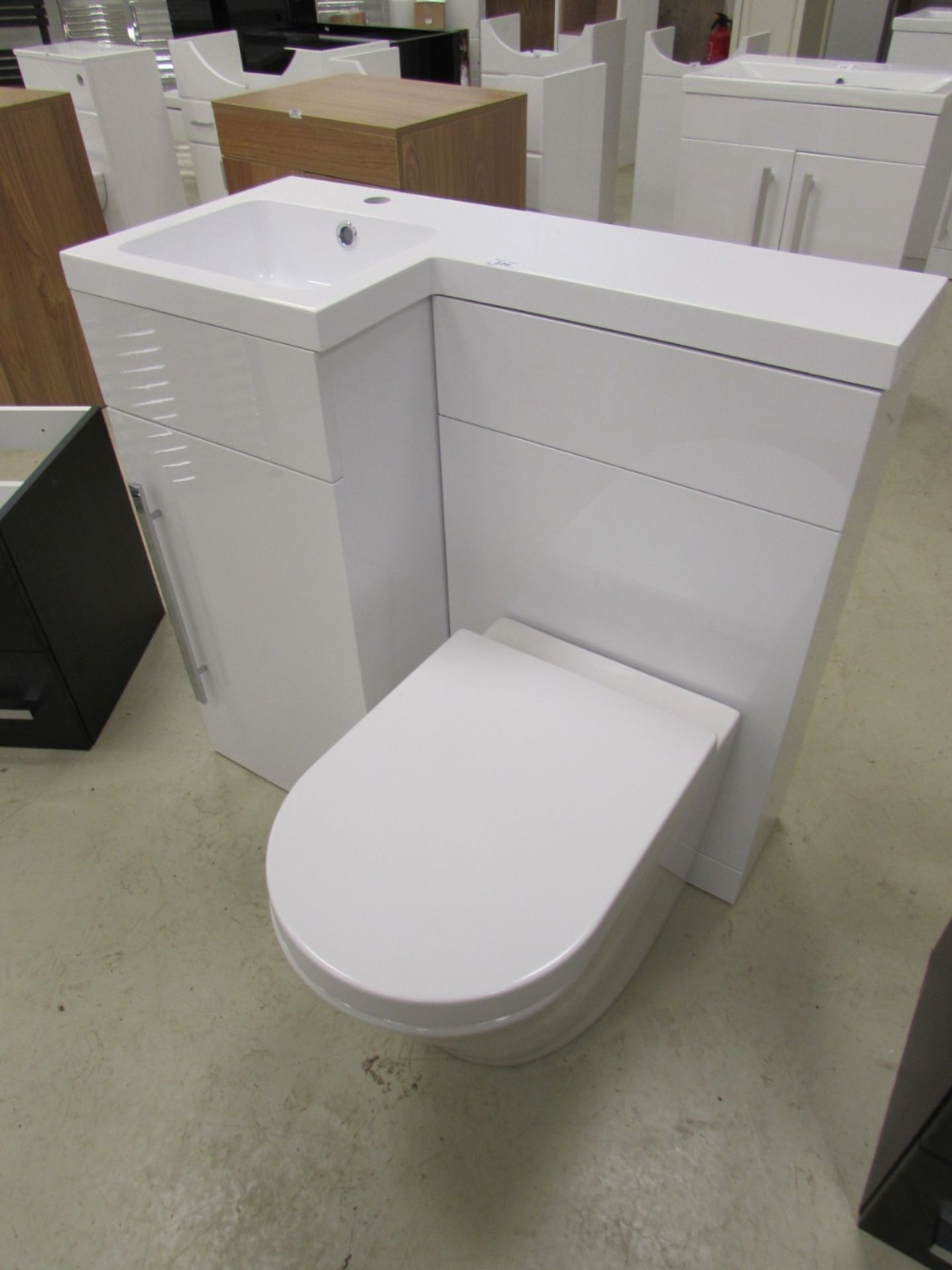 900mm wide compact cloakroom vanity unit and toilet set with soft close door