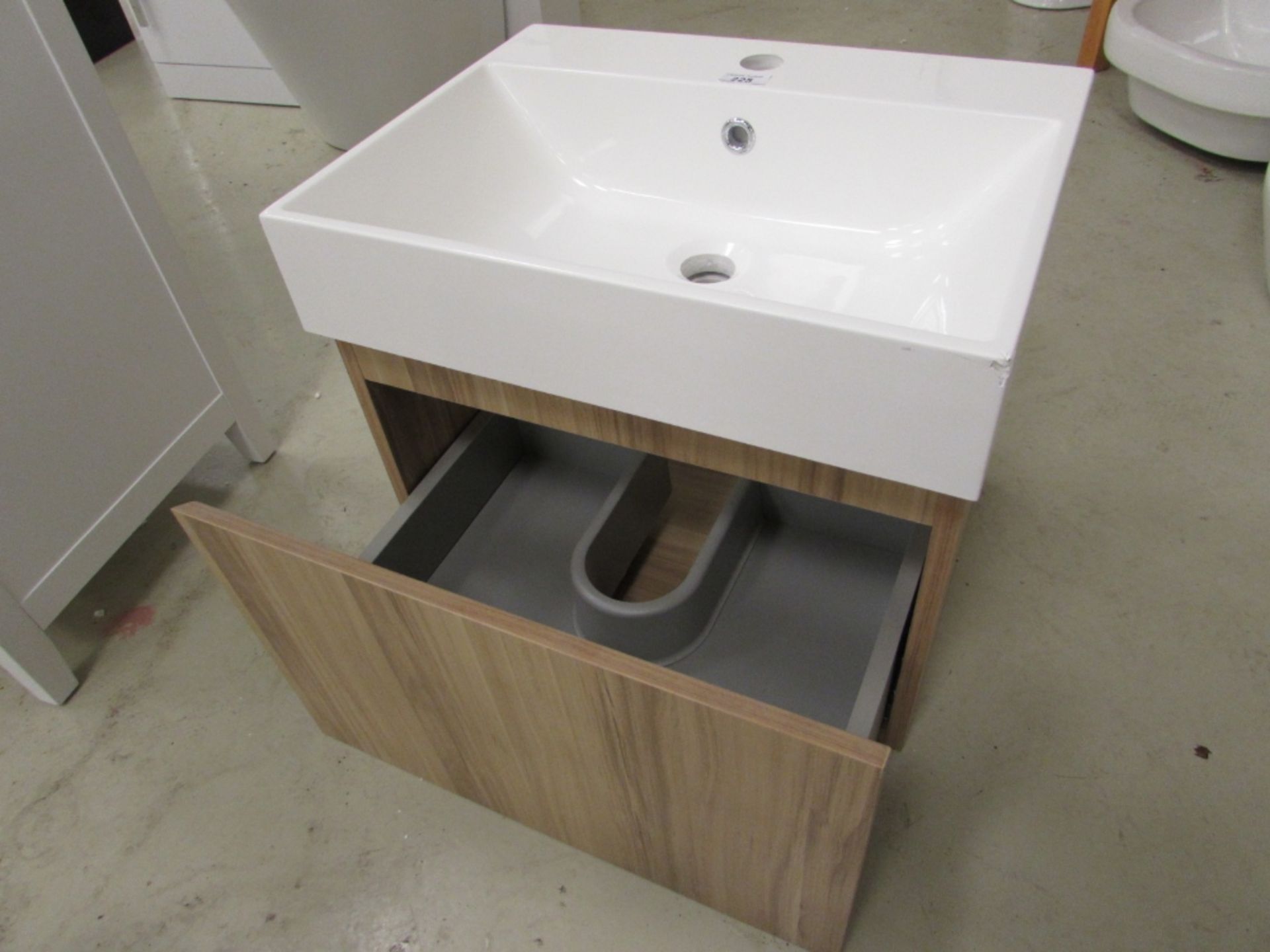 Compact 500mmwide wall hung vanity unit with resin basin and soft close draw in light oak finish - Image 3 of 3