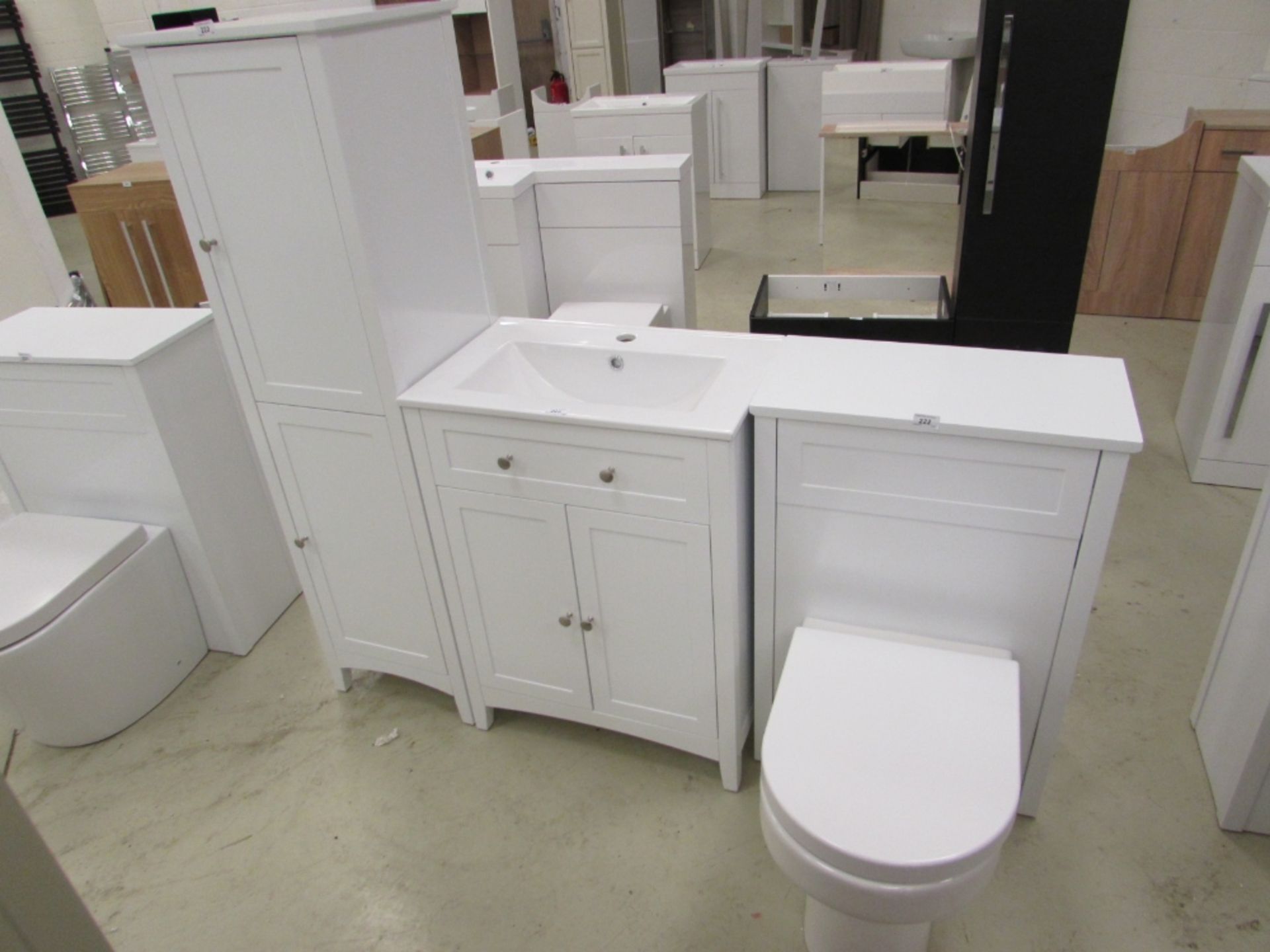 600mm wide gloss white French style vanity unit with ceramic slimline basin & soft close doors,