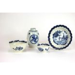 A First Period Worcester blue and white barrel shaped caddy, Fruit and Wreath pattern, circa 1780,