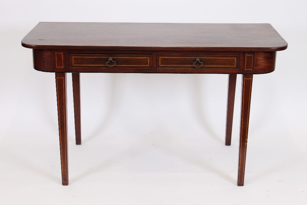 A Victorian mahogany side table, with boxwood stringing, fitted with two frieze drawers,