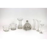 A Victorian glass wasp trap, 18cm; a Victorian rinser; a pair of tall flutes etc.
