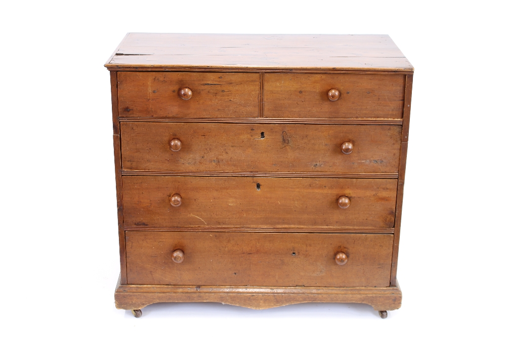 A Georgian stained pine chest of drawers, fitted with two short and three long drawers,