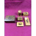 Five pieces of various Mauchline ware and a Tunbridge ware trinket box