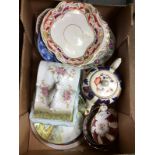 Two boxes containing a Royal Doulton figurine; lustre decorated coffeeware;