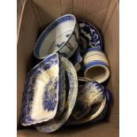 A box of 19th Century and later blue and white china