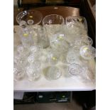 A quantity of various glassware to include a decanter and stopper; six sundae dishes; fruit bowls;