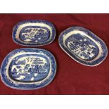 Five blue and white 'Old Willow' patterned meat plates and an Edwardian blue and white transfer