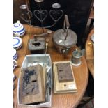 A Victorian copper kettle; a three branch candelabra; a coffee grinder; a box of cutlery;