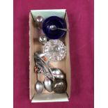 A silver plated sifter spoon; and various plated condiments spoons, cruet items etc.