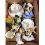 A box containing a Victorian Coalport jug; floral encrusted ornaments; two Goebel birds;