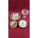 A Royal Crown Derby plate; a 19th Century Crown Derby saucer; a glass bonbon dish;