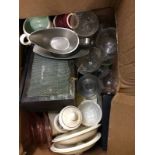 Three boxes of various sundries, puzzles, glassware,