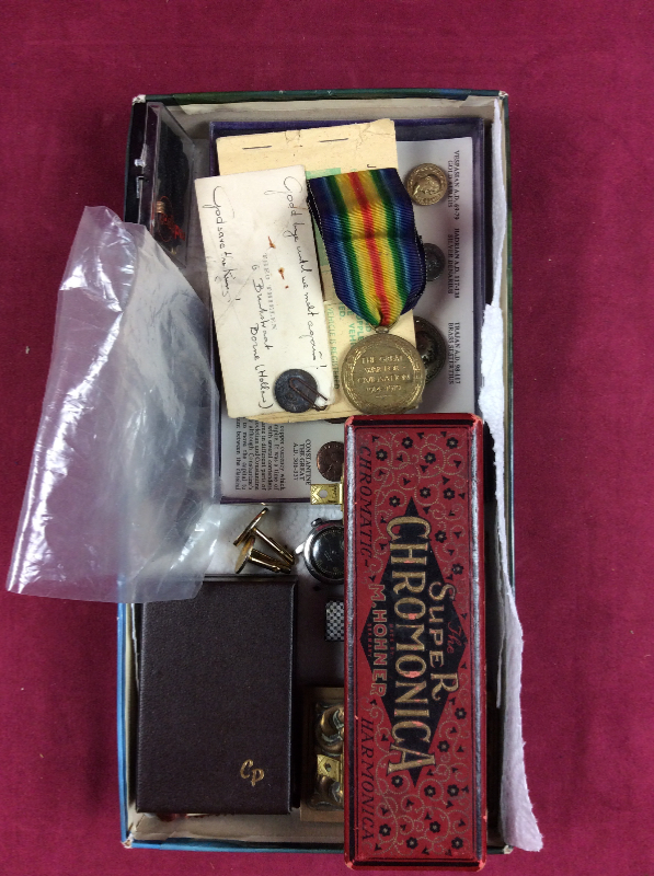 A WW1 medal; four various fountain pens; match box holder etc.