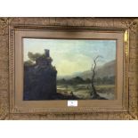 Early 19th Century study of a lake scene with cattle and figures, ruined castle on a cliff nearby,