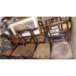 A set of four slat back dining chairs; three bar back chairs with poker work decorated seats;