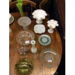A quantity of various glassware to include two pedestal bowls; a pair of blue glass candlesticks;