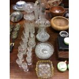 A quantity of various glassware to include pedestal bowl, vases, decanter and stopper etc.