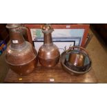 A 19th Century copper saucepan with iron handles; a copper preserve pan;