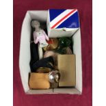 A box containing a half pin doll; a silver serviette ring; lady's evening purses; compacts etc.