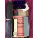 A box containing slide rules; spectacles; a stick pin; a Vesta case etc.