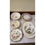 Two meat plates; four Copeland Spode plates decorated with exotic birds; Masons Ironstone bowls etc.