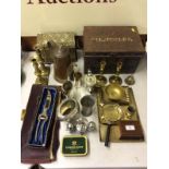 A quantity of various metalware to include a brass embossed stationery box;