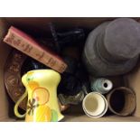 A box containing ebony elephants; a coin dish; Chinese pewter; a hip flask; AA badge etc.