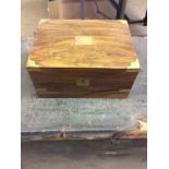 A Victorian walnut and brass bound sewing box and contents of sewing items