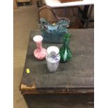 An Art glass handbag and three various Art glass vases