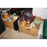 Two boxes containing basketware; tins; pictures; f