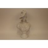 A white glazed plaster bust of a French lady, 53cm high