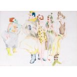 Circa. 1970's pen and crayon drawing depicting circus performers, 29cm x 40cm