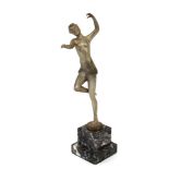 An Art Deco design silver painted Spelter figure of a semi naked girl on stepped marble plinth, 30cm