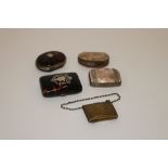 Five vintage miniature purses to include a tortoiseshell and silver inlaid example; two mother of