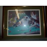 Two coloured prints depicting dogs playing pool en