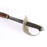 A dress sword with brown leather scabbard