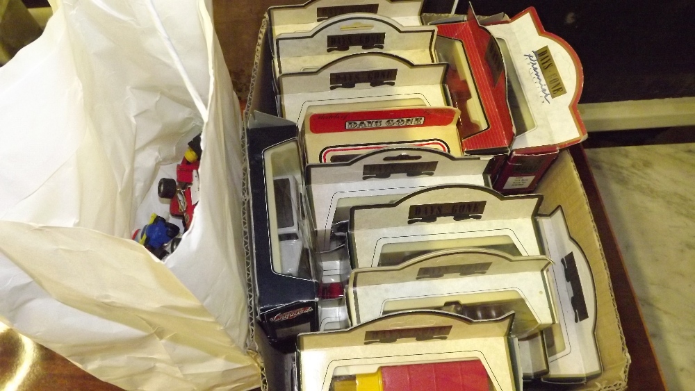 A box and a bag of diecast toy cars