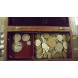 A mahogany box containing various coinage to inclu