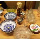 A glass dressing table set; a ruby glass vase; a b